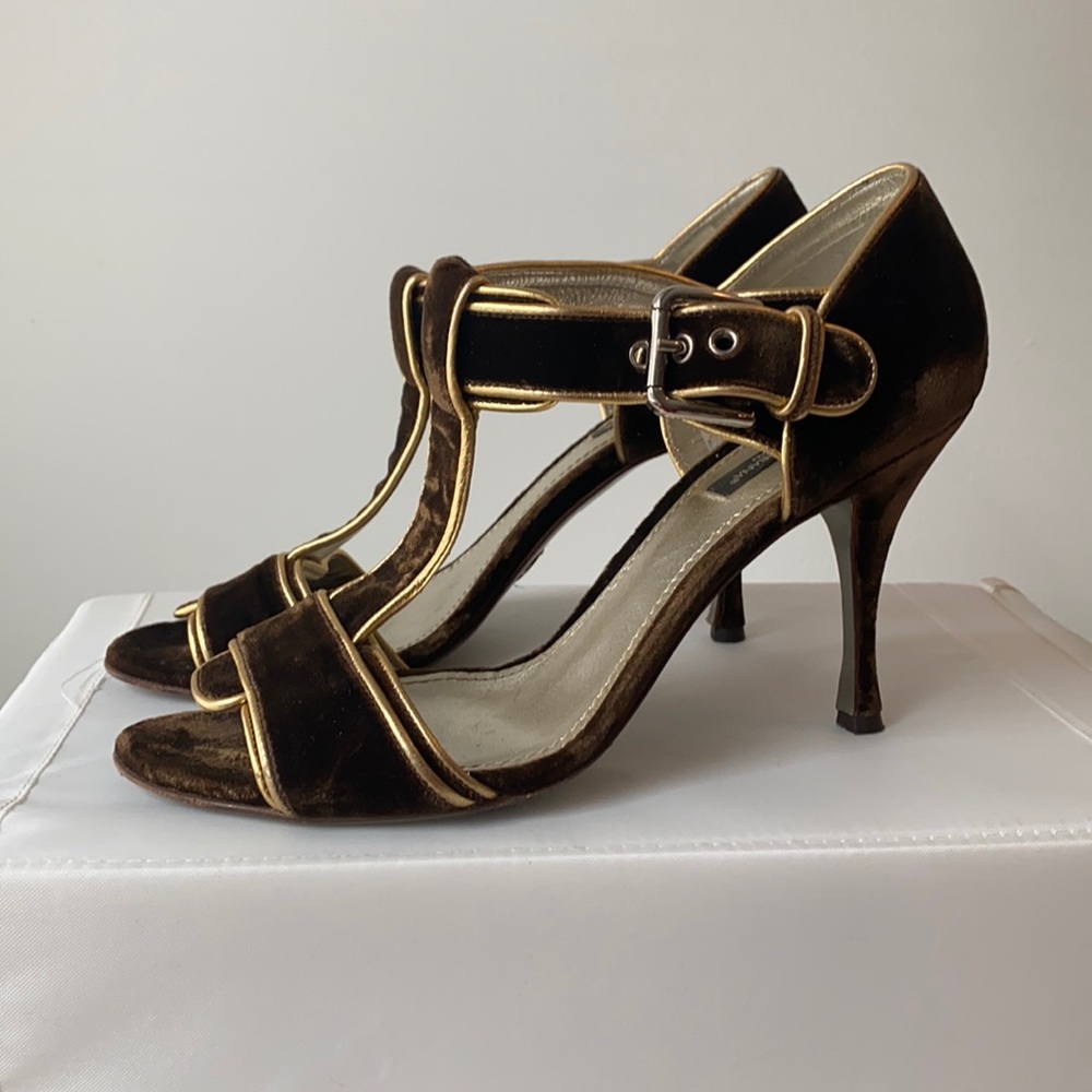 Dolce & Gabbana Velvet and Gold T-Strap Heels
